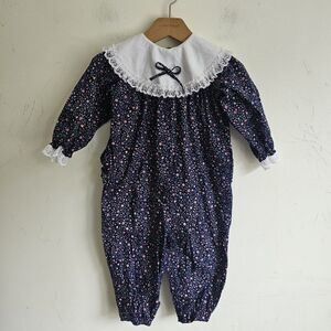 Vintage Alexis 100% Cotton 24M Navy Floral Peter Pan Collar Romper Lace Trim USA